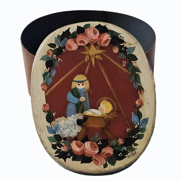 Hand Painted Artist Signed Oval Shaker Box Nativity Scene 6" x 4.75" - Picture 6 of 14